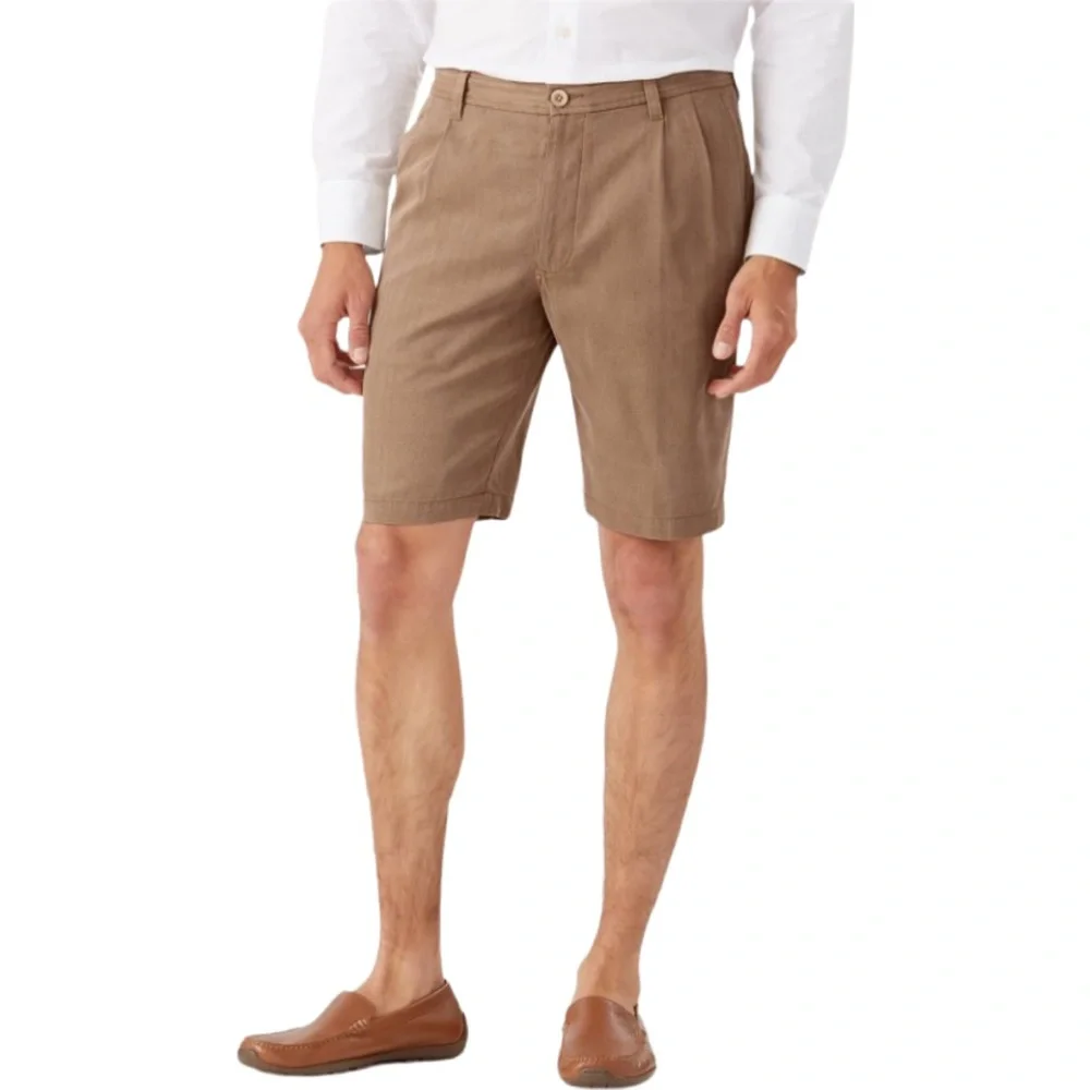 Tommy Bahama Taupe Havana Herringbone Pleated Silk Shorts Size 40 9” Inseam